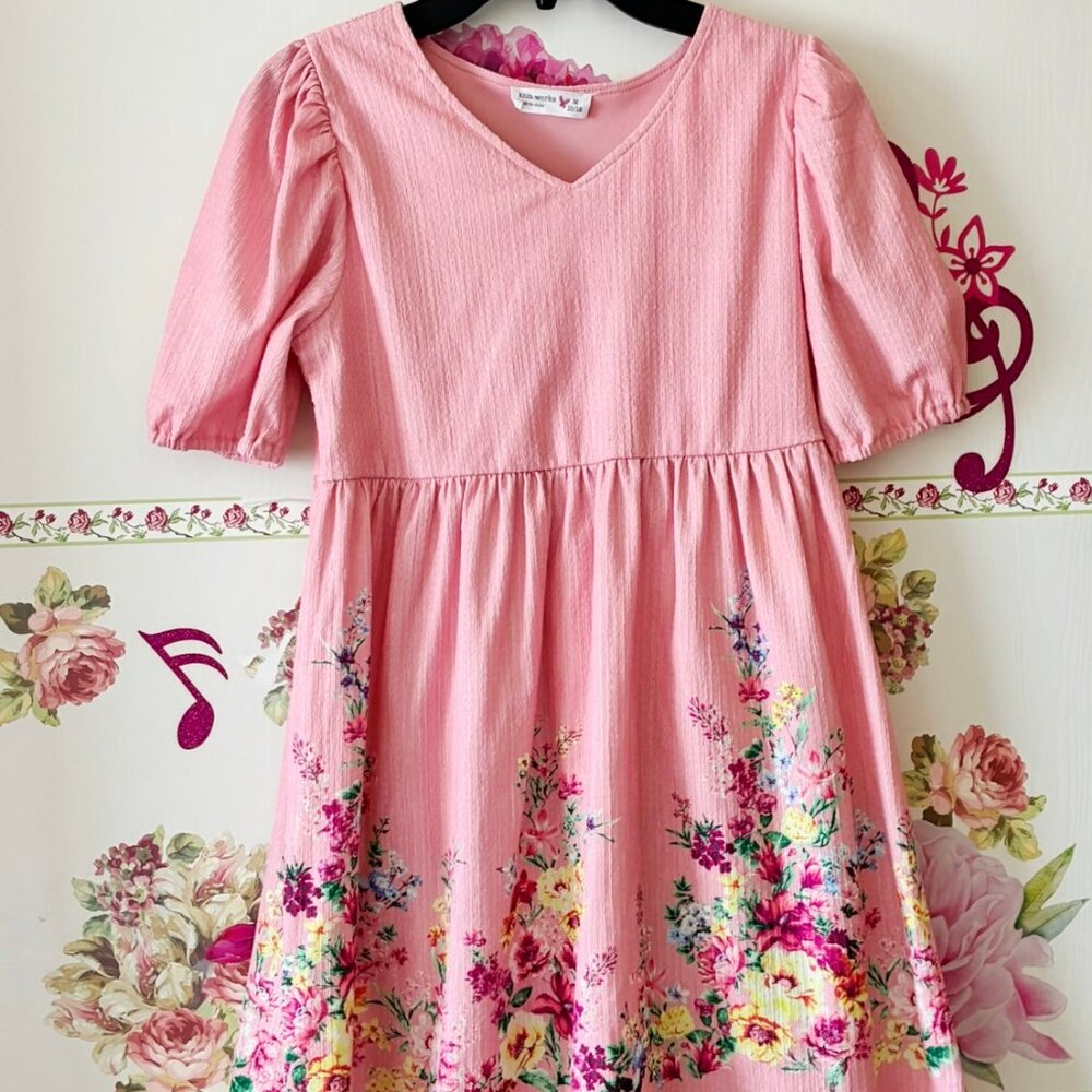 Knit Works Pink Floral Flared Girls Spring Dress M 10 11 12